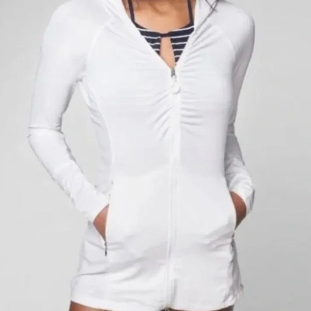 Athleta Vitamin Sea White Hoodie, Long Length, 2-End Zip, Zip Pockets, Sz XS